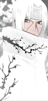 Anime character in white coat with floral design in winter scene.