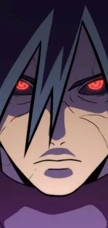 Close-up of anime character with intense red eyes and dark features.