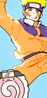 Anime character with orange attire jumping against a light blue background.