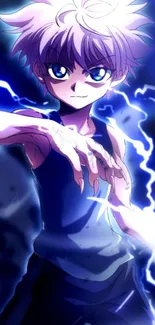 Anime character with blue eyes and lightning power, vibrant wallpaper.