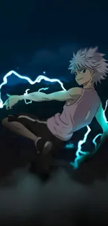 Anime character with white hair and lightning in a dark setting.