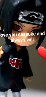 Anime figure with red eyes and a love message on a dark background.