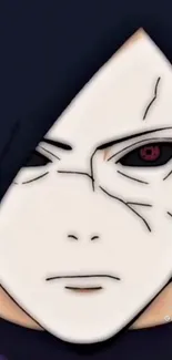 Anime character with a white mask and red eyes, dark hair visible.