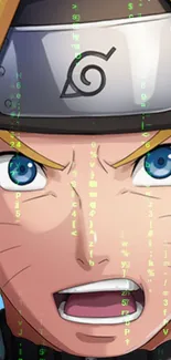 Anime character with matrix code overlay, intense expression.