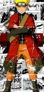 Anime character in red cloak on manga background.