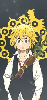 Anime character with yellow outfit and decorative background.