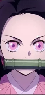 Anime character with pink eyes and bamboo mouthpiece in elegant design.