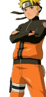 Anime character in orange and black outfit, crossing arms confidently.