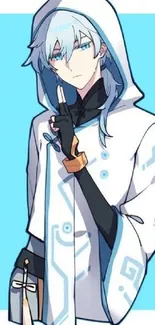 Anime character with a hooded cloak and blue highlights on a light background.