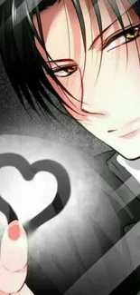 Anime wallpaper with a character and heart symbol in black and white tones.