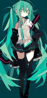 Anime character with teal hair on dark background wallpaper.