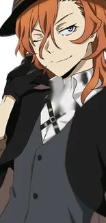 Anime character with orange hair and hat in stylish design.