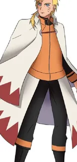 Anime character in a vibrant pose with white and orange outfit.