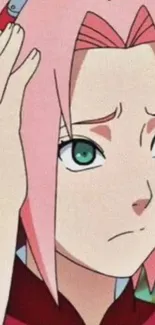 Anime character with pink hair and thoughtful expression.