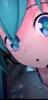 Close-up of an anime character with blue hair and vibrant eyes.