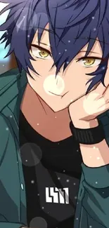 Anime character with navy blue hair in a stylish pose.