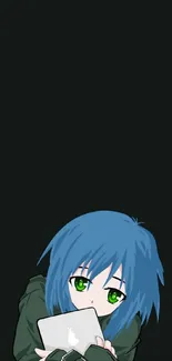 Anime character with blue hair using laptop on a black background.