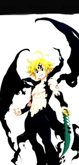 Dynamic anime character with black wings on a white background.