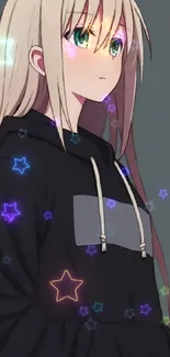 Blonde anime character in black hoodie with teal eyes on stylish phone wallpaper.