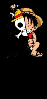 Anime character with straw hat and skull design on black background.