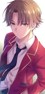 Anime character in red jacket with vibrant background.