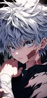 Anime character with silver hair and bandage against a shadowy background.