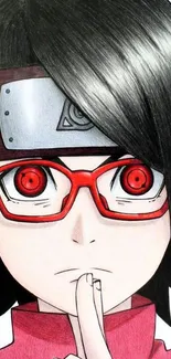 Anime character with red glasses and a thoughtful expression.