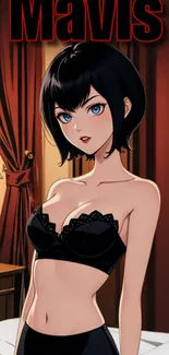 Anime character with black hair and lace top on a bed.