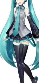 Anime character with turquoise hair and futuristic design.