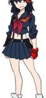 Anime character in navy and red outfit on white background.