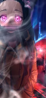 Anime character surrounded by neon and mist in urban setting.