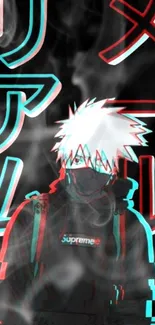 Anime character with neon accents and Japanese text in a smoky style.