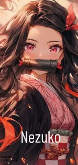 Vibrant Nezuko mobile wallpaper with coral and black hues.