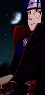 Anime character with red eyes in a nighttime setting.