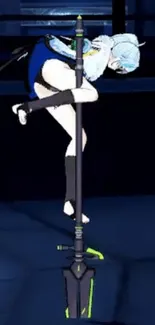 Anime character performing a pole pose in a dark blue night setting.