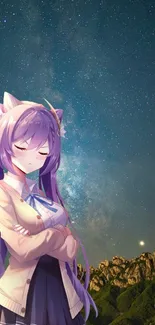 Anime girl with cat ears under a starry night sky.