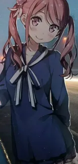 Anime character with pink hair on a night street in navy outfit.