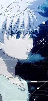 Anime character in a serene night setting with a blue-toned background.