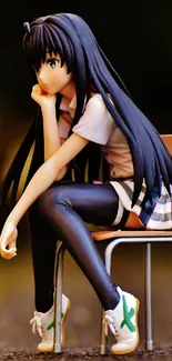 Anime character sitting on a chair with blurred background.