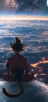 Anime character sitting on a cloud overlooking space.