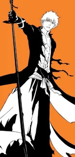 Anime character on an orange background with black and white details.