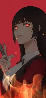 Anime character with red eyes on a bold red background.