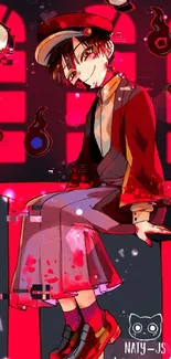 Anime character sitting in a vibrant red-themed setting.