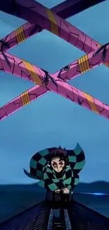 Anime character on rooftop under pink crisscross swords.