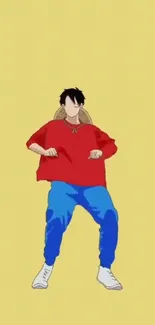 Anime character in red and blue on yellow background.