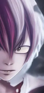 Anime character with vibrant purple and white hair, intense gaze.