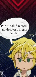 Blond anime character with funny caption on dark blue wallpaper.