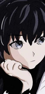 Anime character with dark hair, thoughtful expression, and artistic design.