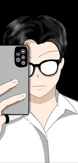 Anime character taking a selfie with phone.