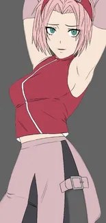 Anime girl with pink hair and red top on gray background.